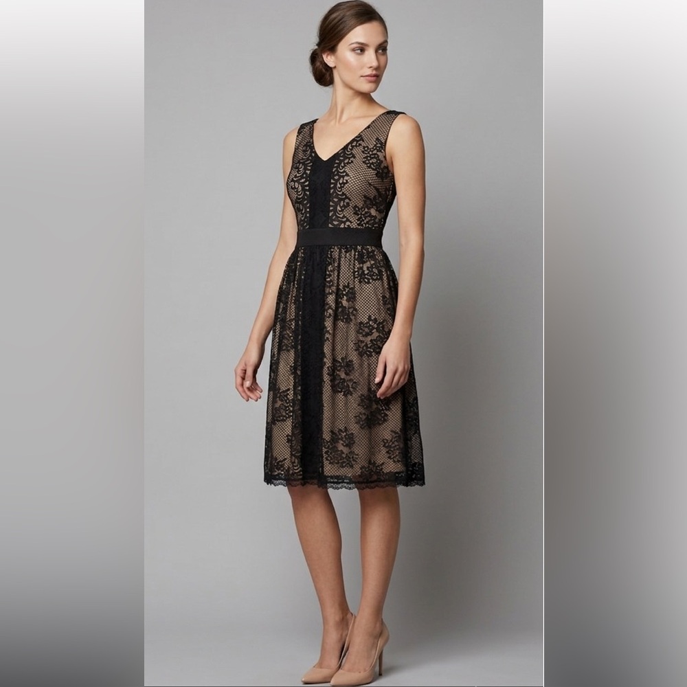 Black and Nude Sleeveless Lace Dress with scoop Neck